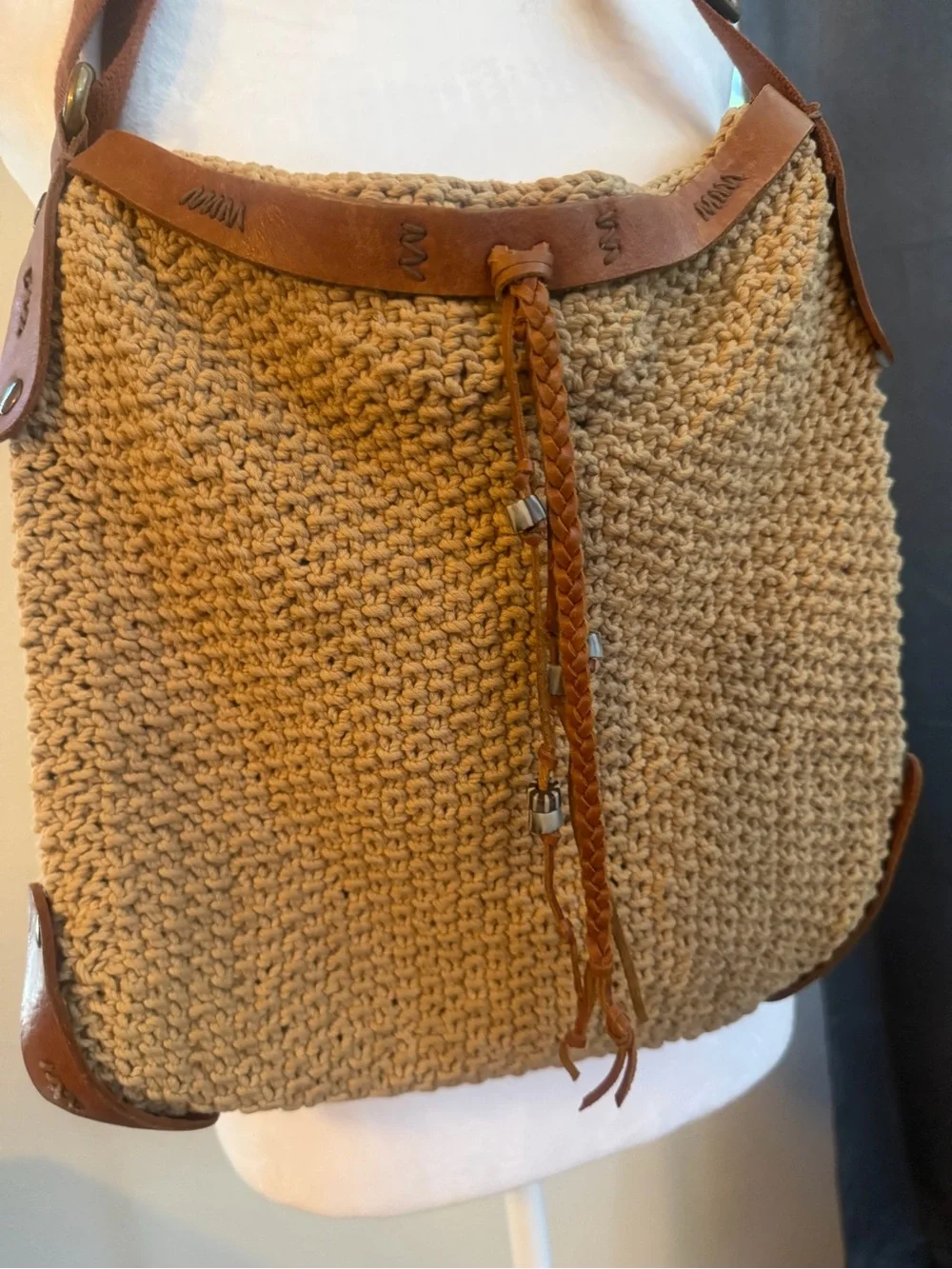 Lucky Brand Crochet Hobo Shoulder Bag | Leather Trim | Boho Festival Purse